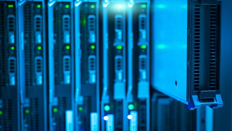 Detailed view of a server rack with a focus on technology and data storage.
