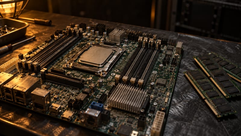 A bare server motherboard with a multicore processor and separate memory modules
