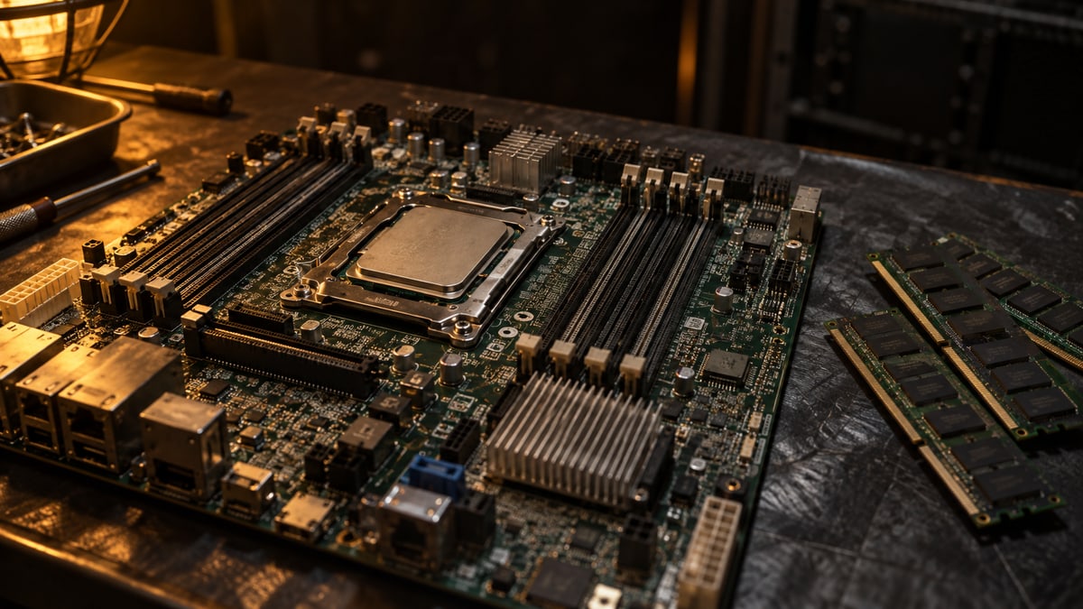 A bare server motherboard with a multicore processor and separate memory modules