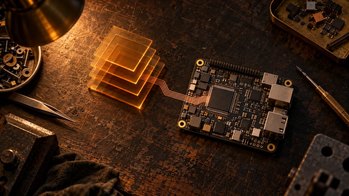 A RISC-V development board beside stacked amber layers representing protected compiler call-stack frames.