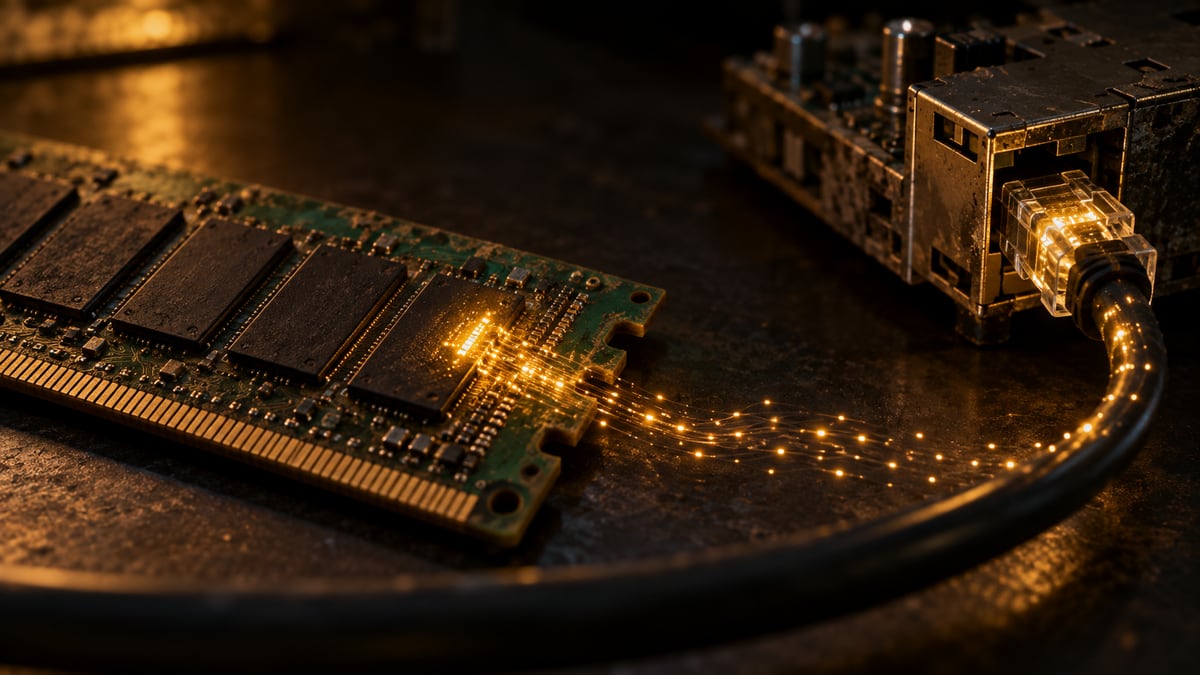 Amber light streams from a memory module into a network cable, illustrating a DTLS heap-memory leak.