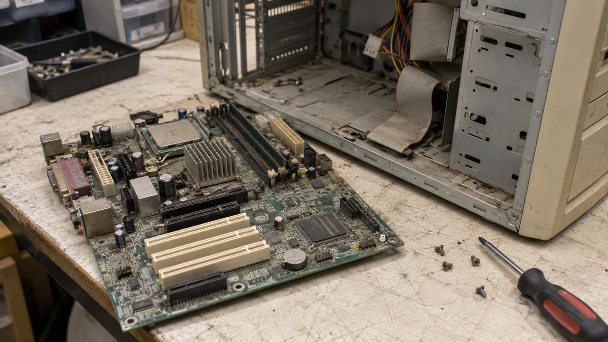 An older workstation motherboard removed from its case on a repair bench