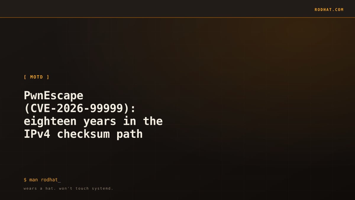 Editorial card: PwnEscape (CVE-2026-99999): eighteen years in the IPv4 checksum path