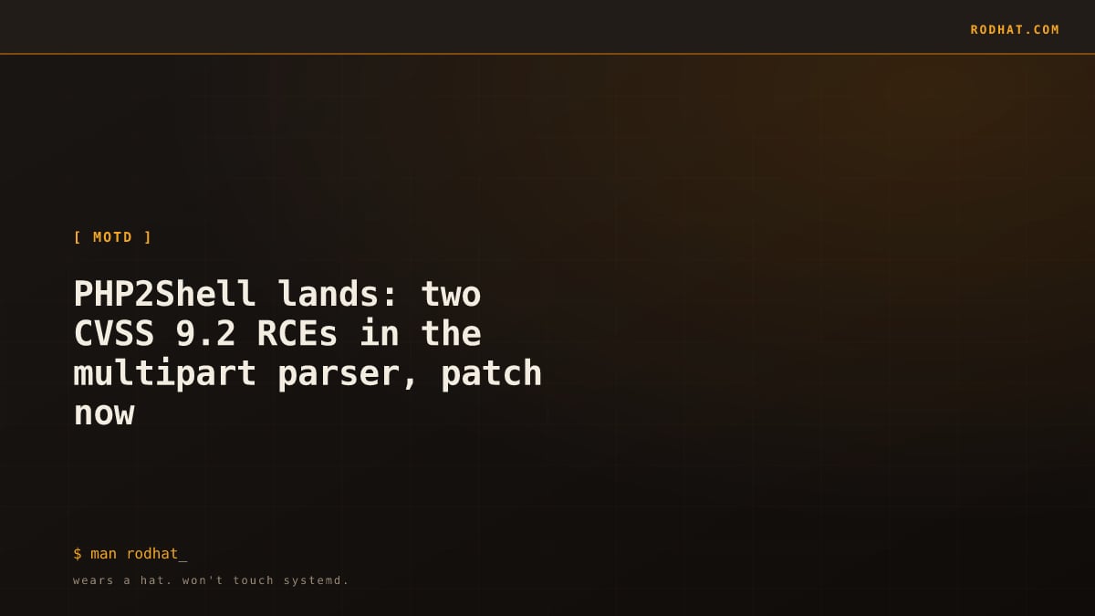 Editorial card: PHP2Shell lands: two CVSS 9.2 RCEs in the multipart parser, patch now