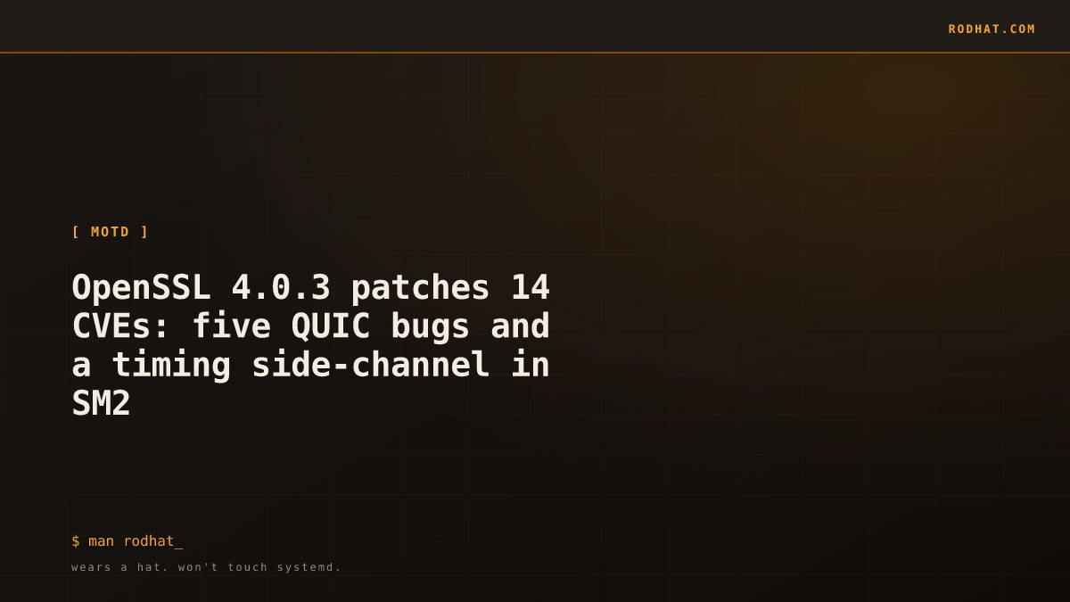 Editorial card: OpenSSL 4.0.3 patches 14 CVEs: five QUIC bugs and a timing side-channel in SM2