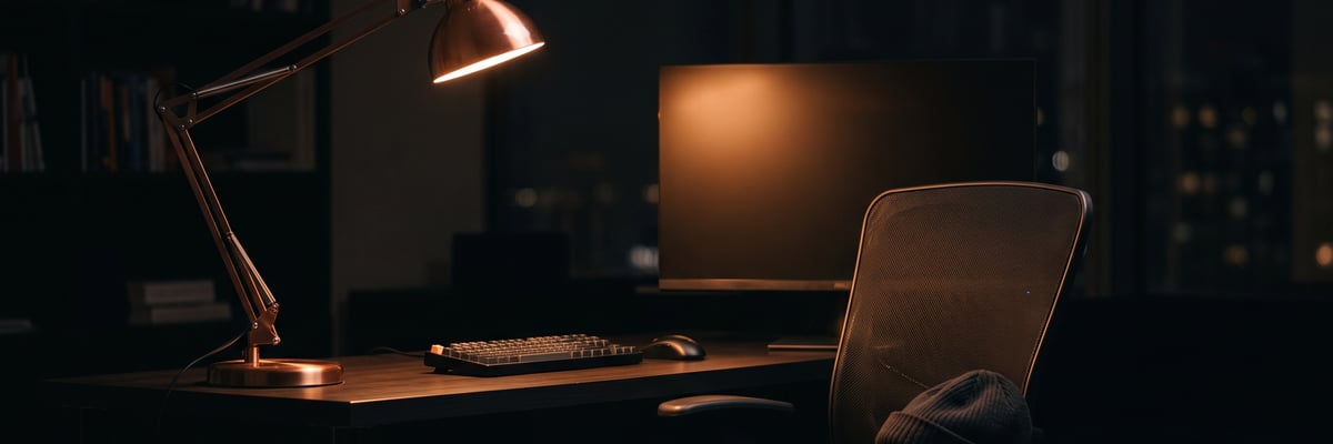 An empty office chair under a desk lamp at night