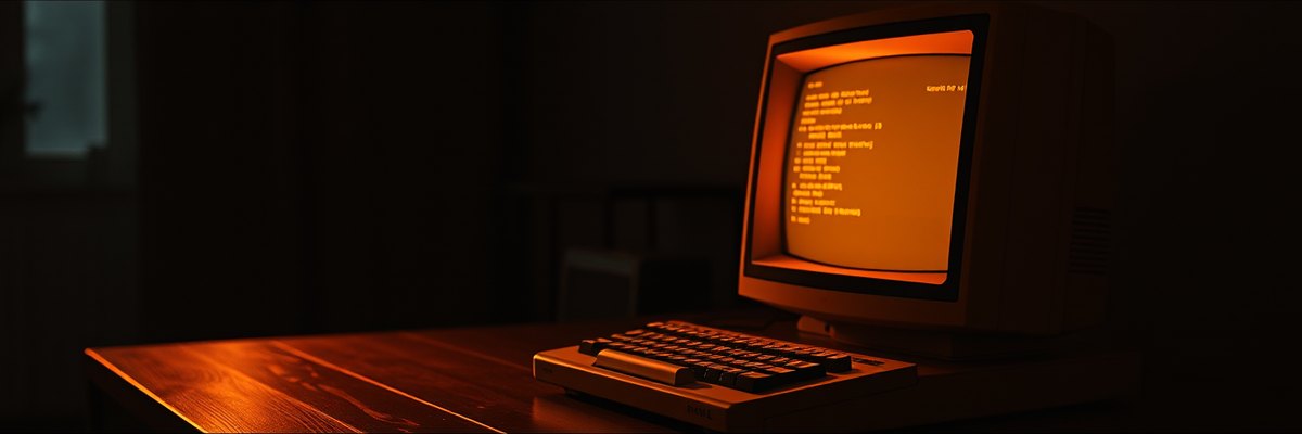 A vintage amber-phosphor CRT terminal and keyboard on a dark wooden desk at night